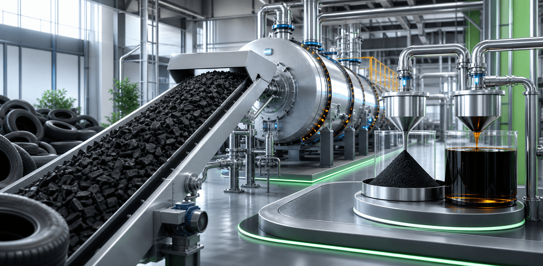 Tyre rubber chips moving through a continuous pyrolysis process